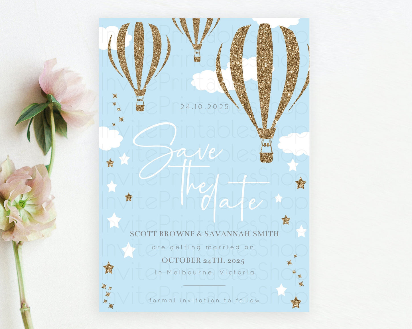 Hot Air Balloon Save The Date Template Adventure Awaits Mr. ONEderful Party 1st Birthday Baptism Baby Shower D10332