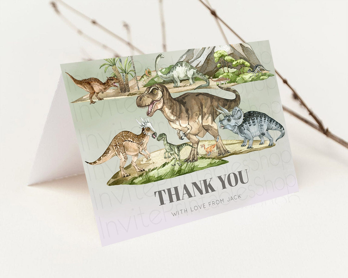 Dinosaur Thank You Dinosaur Volcano Thank You Card Dinosaur Birthday Card Watercolor Volcano T-Rex Raptor Jurassic Teacher Thank You D10671