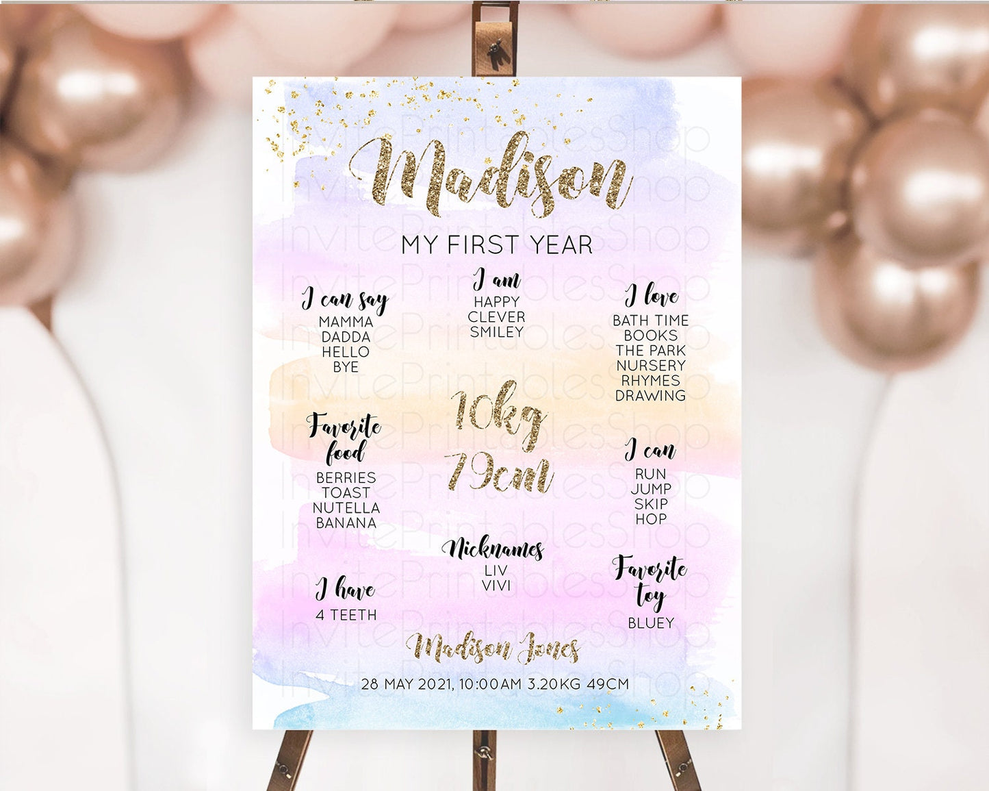 Pastel First Birthday Milestone Board Pastel Rainbow Milestone Poster Colorful Confetti Watercolor Glitter 1st Birthday Welcome Sign D10595