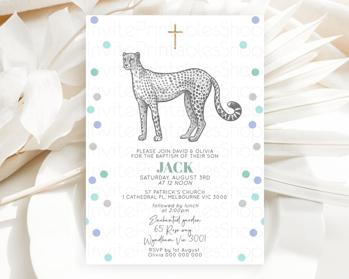 Cheetah Baptism Invitation Cheetah Baptism 1st Birthday Invitation Cheetah Safari Adventure Christening Party Palm Leaf Zoo Cheetah D10857