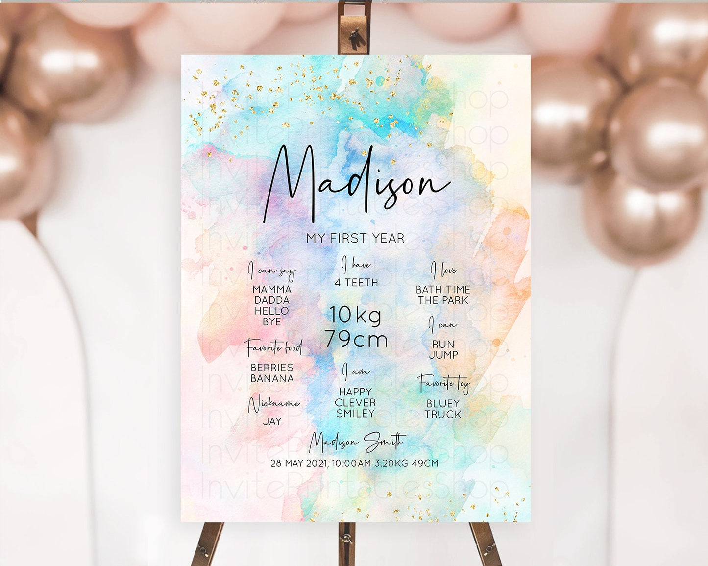 Pastel First Birthday Milestone Board Pastel Rainbow Milestone Poster Colorful Confetti Watercolor Glitter 1st Birthday Welcome Sign D10266