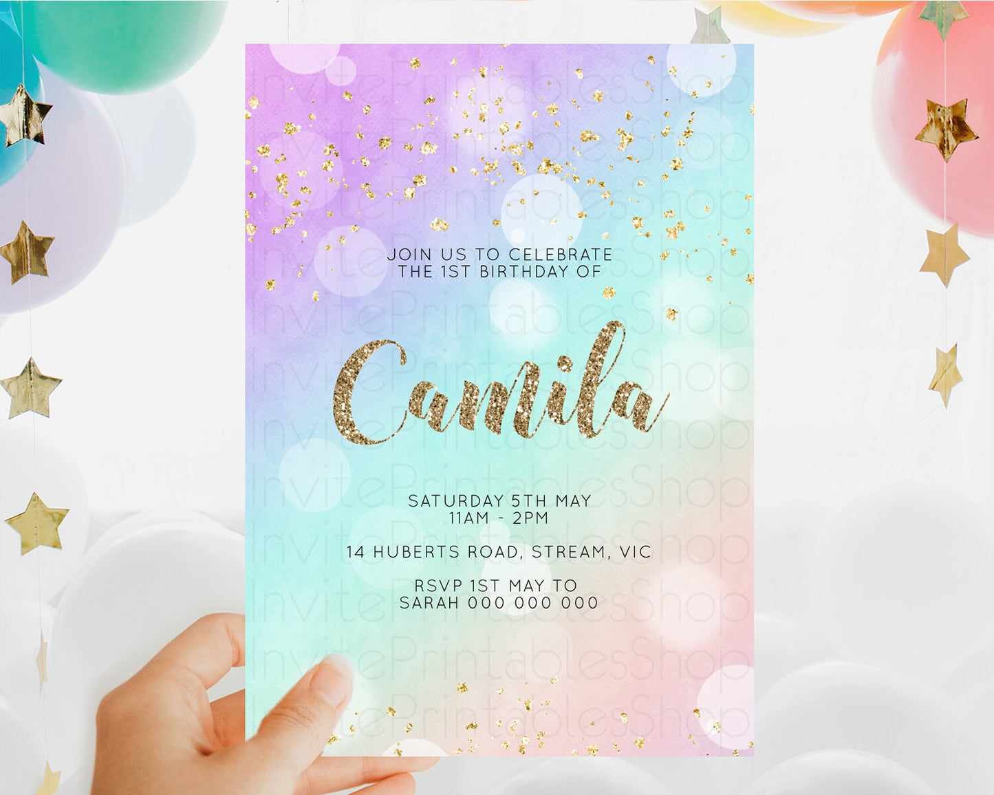 Rainbow Birthday Invitation Colorful Pastel Watercolor Invitation Gold Glitter Sprinkles Ombre Pastel 1st 2nd 3rd Birthday D10621