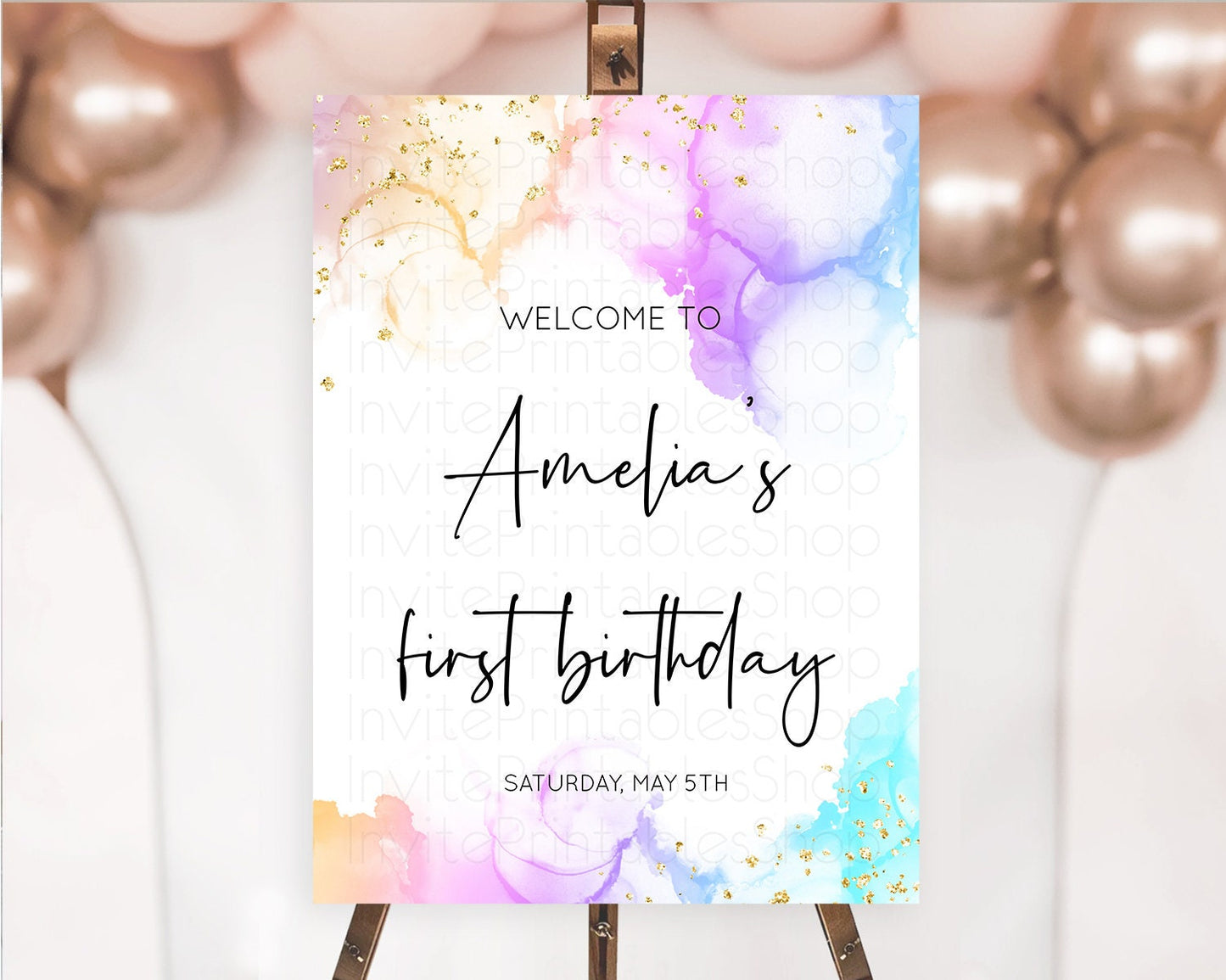 Pastel Welcome Sign Pastel Rainbow Welcome Sign Colorful Rainbow Confetti Watercolor Glitter Pastel First Birthday Welcome Sign D10180
