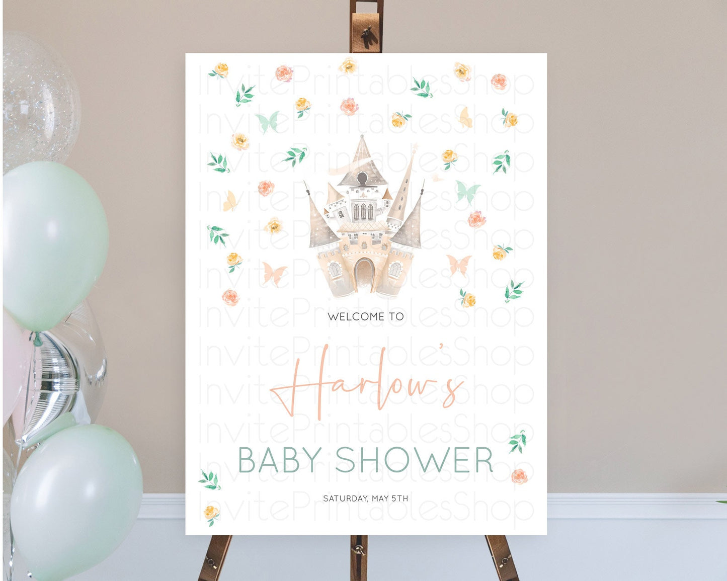 Princess Baby Shower Welcome Sign Castle Welcome Board Secret Garden Enchanted Castle Pastel Floral Garden Baby Shower Welcome Sign D10363