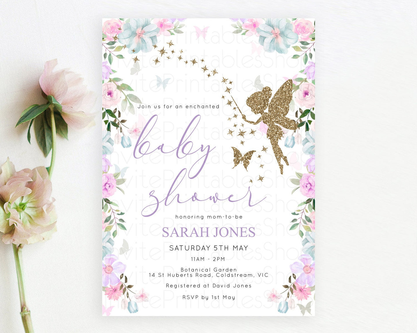 Fairy Baby Shower Invitation Pastel Fairy Invites Fairy Tea Party Fairy Garden Theme Secret Garden Enchanted Garden Floral Butterfly D10475