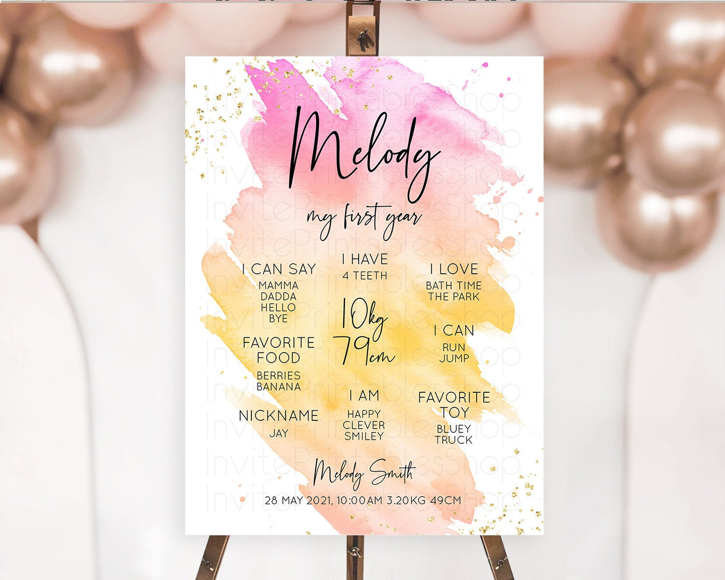 Pastel First Birthday Milestone Board Pastel Rainbow Milestone Poster Colorful Confetti Watercolor Glitter 1st Birthday Welcome Sign D10527