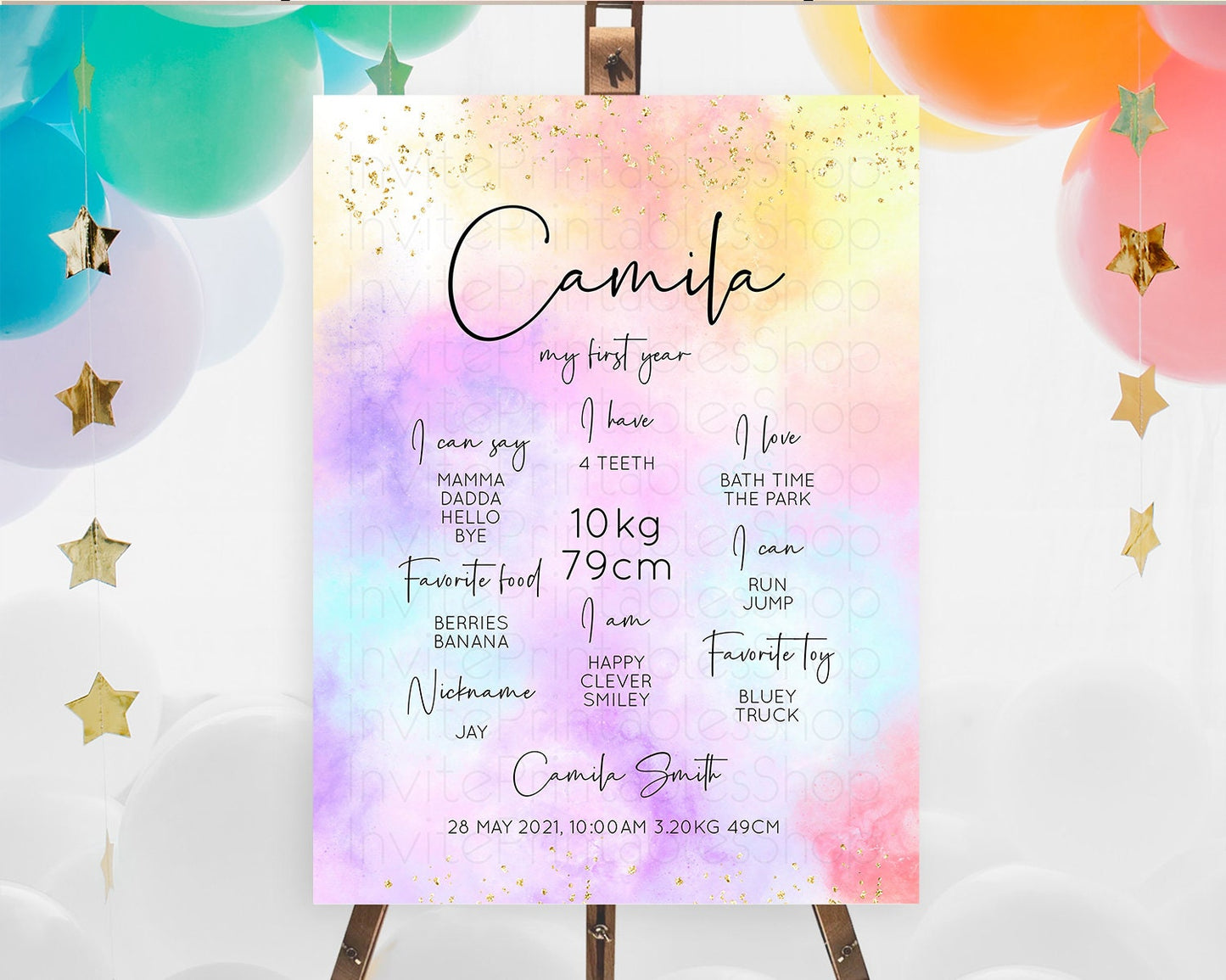 Pastel First Birthday Milestone Board Pastel Rainbow Milestone Poster Colorful Confetti Watercolor Glitter 1st Birthday Welcome Sign D10438
