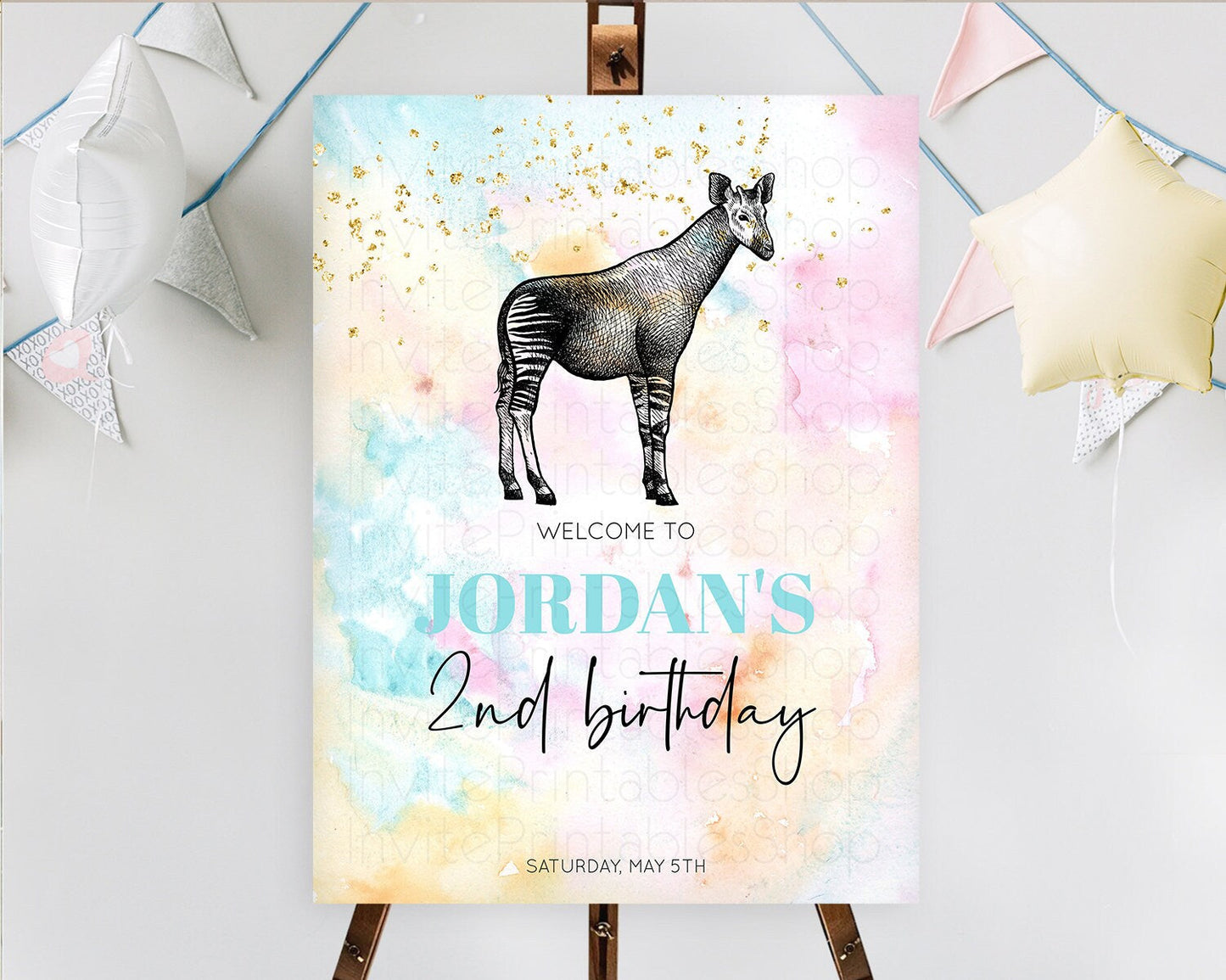 Pastel Okapi Welcome Sign Rainbow Okapi Welcome Board Colorful Rainbow Pastel Confetti Watercolor First Birthday Welcome Sign D10282