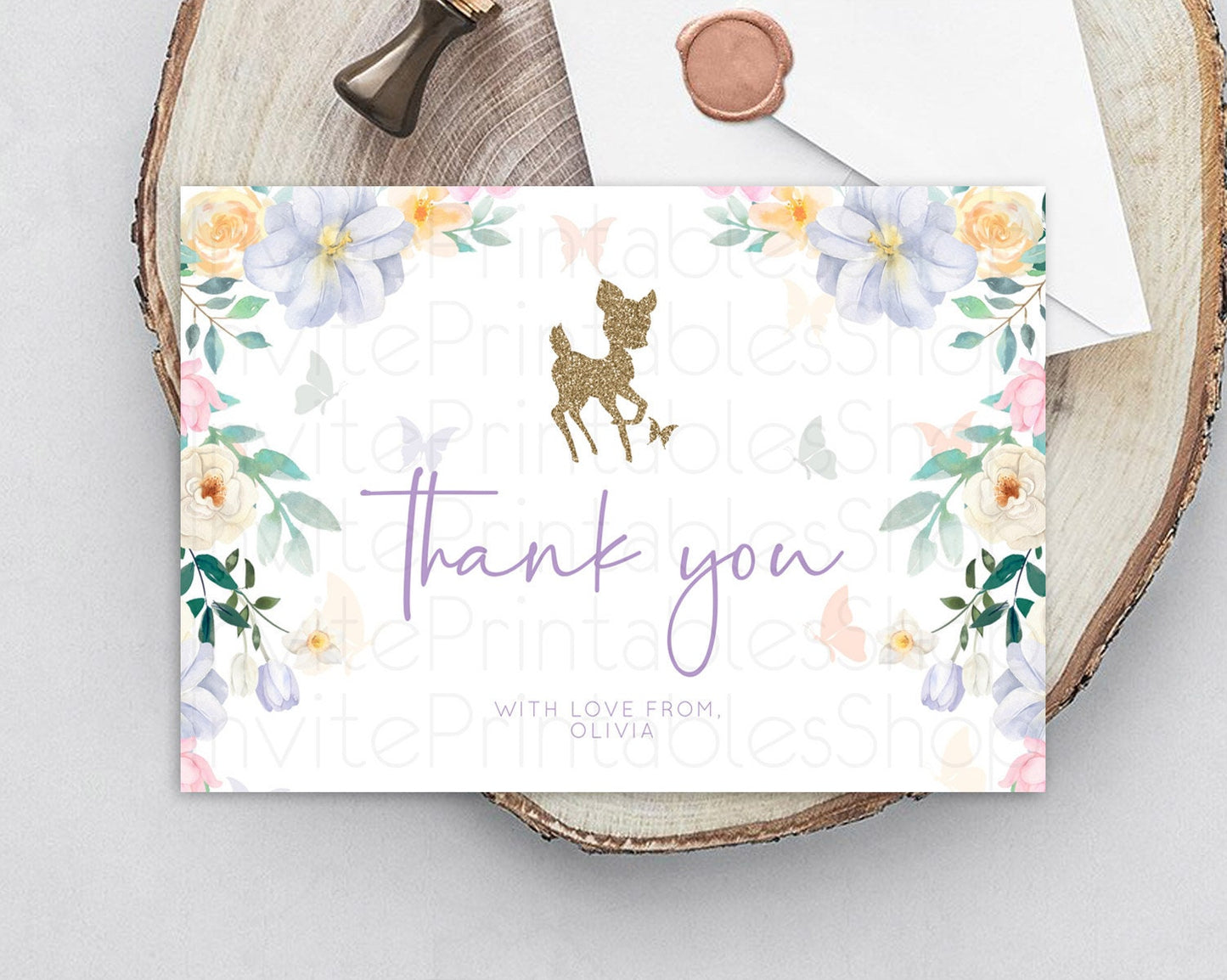 Fawn Thank You Deer Thank You Card Pastel Floral Deer Birthday Thank You Card Enchanted Forest Butterfly Deer Teacher Thank You Card D10477