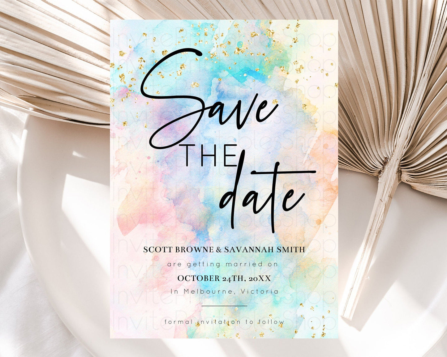 Pastel Save The Date Template Pastel Ombre Rainbow Watercolor Colorful Party For Birthday Baptism Baby Shower Wedding Bridal Shower D10260