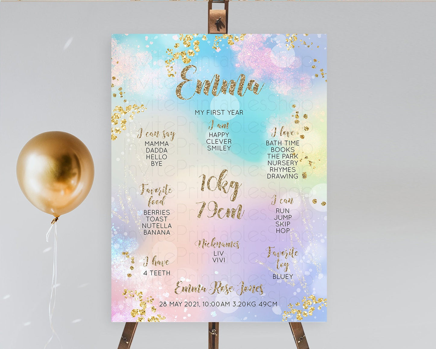 Pastel First Birthday Milestone Board Pastel Rainbow Milestone Poster Colorful Confetti Watercolor Glitter 1st Birthday Welcome Sign D10677