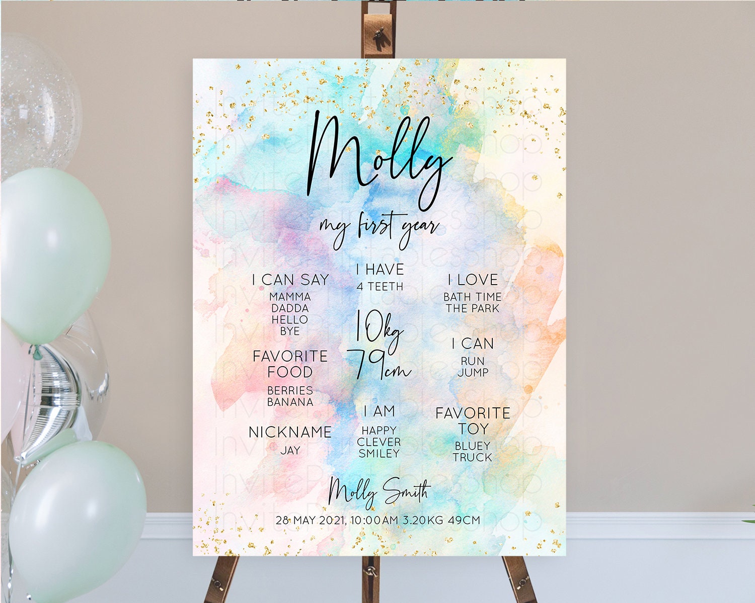 Editable Pastel First Birthday Milestone Board Pastel Rainbow Milestone Post