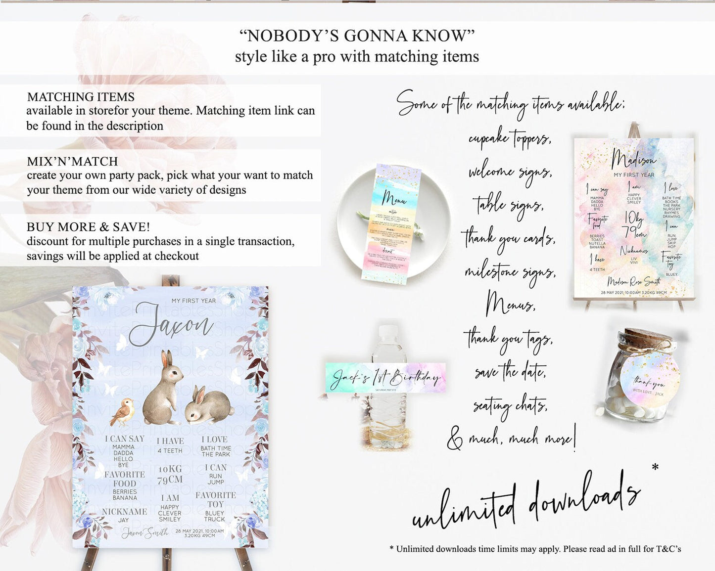 Bunny First Birthday Milestone Board Floral Bunny Milestone Poster Pastel Flowers Woodland Bunny Milestone 1st Birthday Welcome Sign D10923