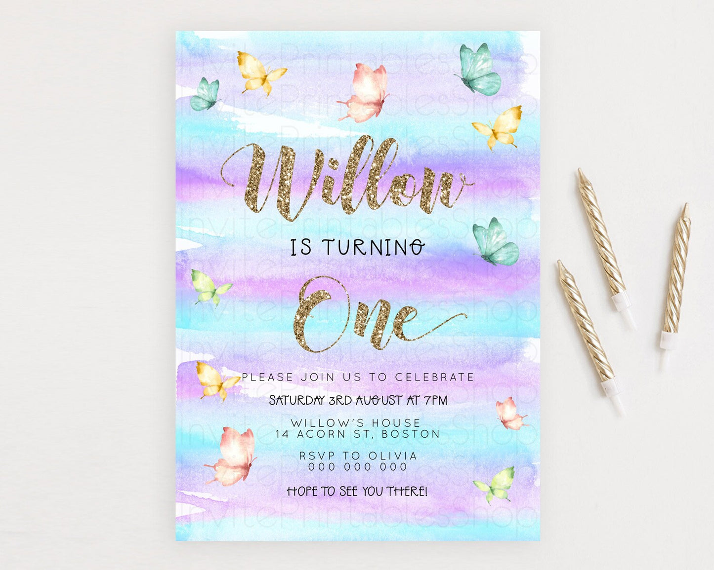 Pastel Butterfly Birthday Invitation Butterfly Birthday Invitation Colorful Splash Glitter Butterfly Garden 1st 2nd Birthday D23217