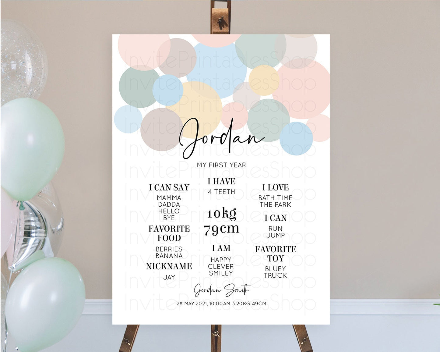 Pastel First Birthday Milestone Poster Pastel Rainbow Confetti First Birthday Milestone Board Colorful Bubbles Birthday Welcome Sign D10602