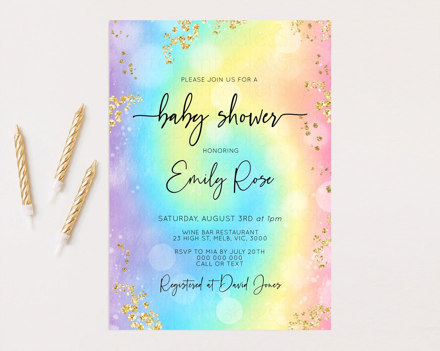 Rainbow Baby Shower Invitation Watercolor Pastel Invitation Colorful Splash Baby Invite Gold Glitter Sprinkles Ombre Gender Reveal t571