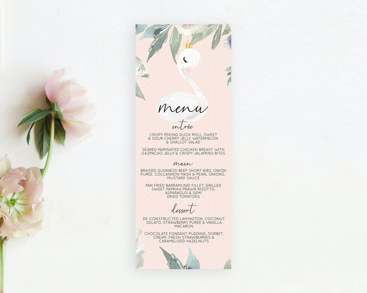 Swan Menu Swan Princess Ballet Menu Template Enchanted Swan Lake Table Decor Secret Garden Pastel Floral Dinner Dessert Food Menu D10755