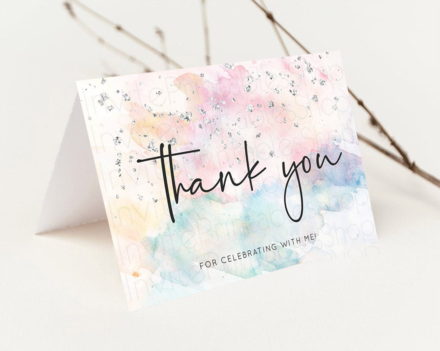 Pastel Thank You Rainbow Thank You Card Colorful Pastel Birthday Thank You Card Silver Watercolor Pastel Teacher Thank You Cards D10945