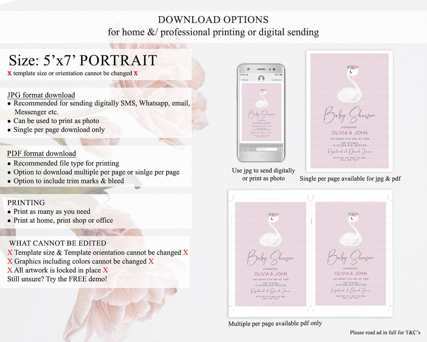 Swan Baby Shower Invitation Swan Princess Ballet Invitation Enchanted Forest Swan Lake Baby Shower Watercolour Pastel Floral D10758
