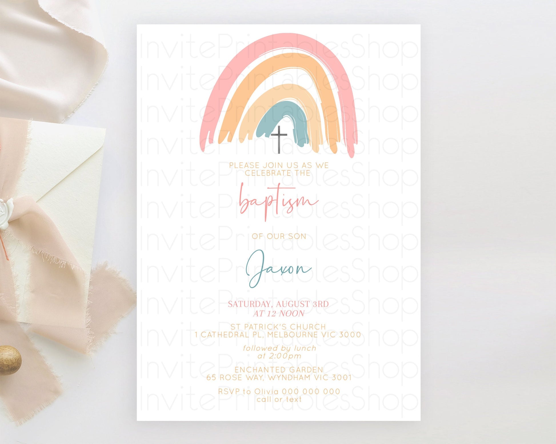 Editable Pastel Rainbow Baptism Invitation Boho Rainbow Baptism 1st Birthday