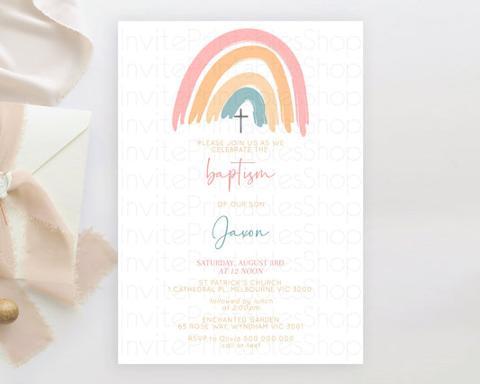 Editable Pastel Rainbow Baptism Invitation Boho Rainbow Baptism 1st Birthday
