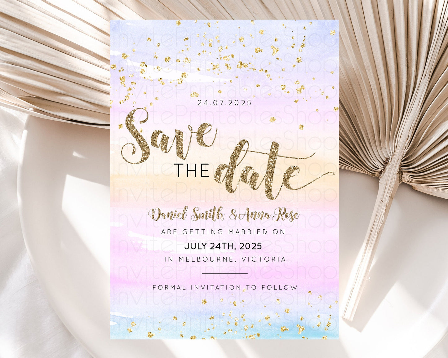 Pastel Save The Date Template Pastel Ombre Rainbow Watercolor Colorful Party For Birthday Baptism Baby Shower Wedding Bridal Shower D10595