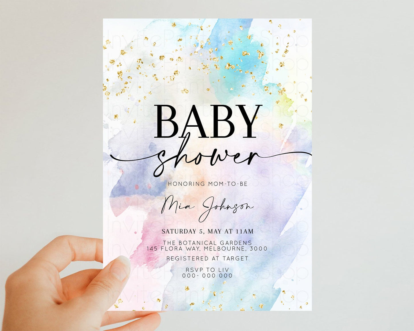 Rainbow Baby Shower Invitation Pastel Baby Sower Invite Colorful Splash Invite Sprinkle Confetti Watercolor Ombre Baby Shower Invite T487