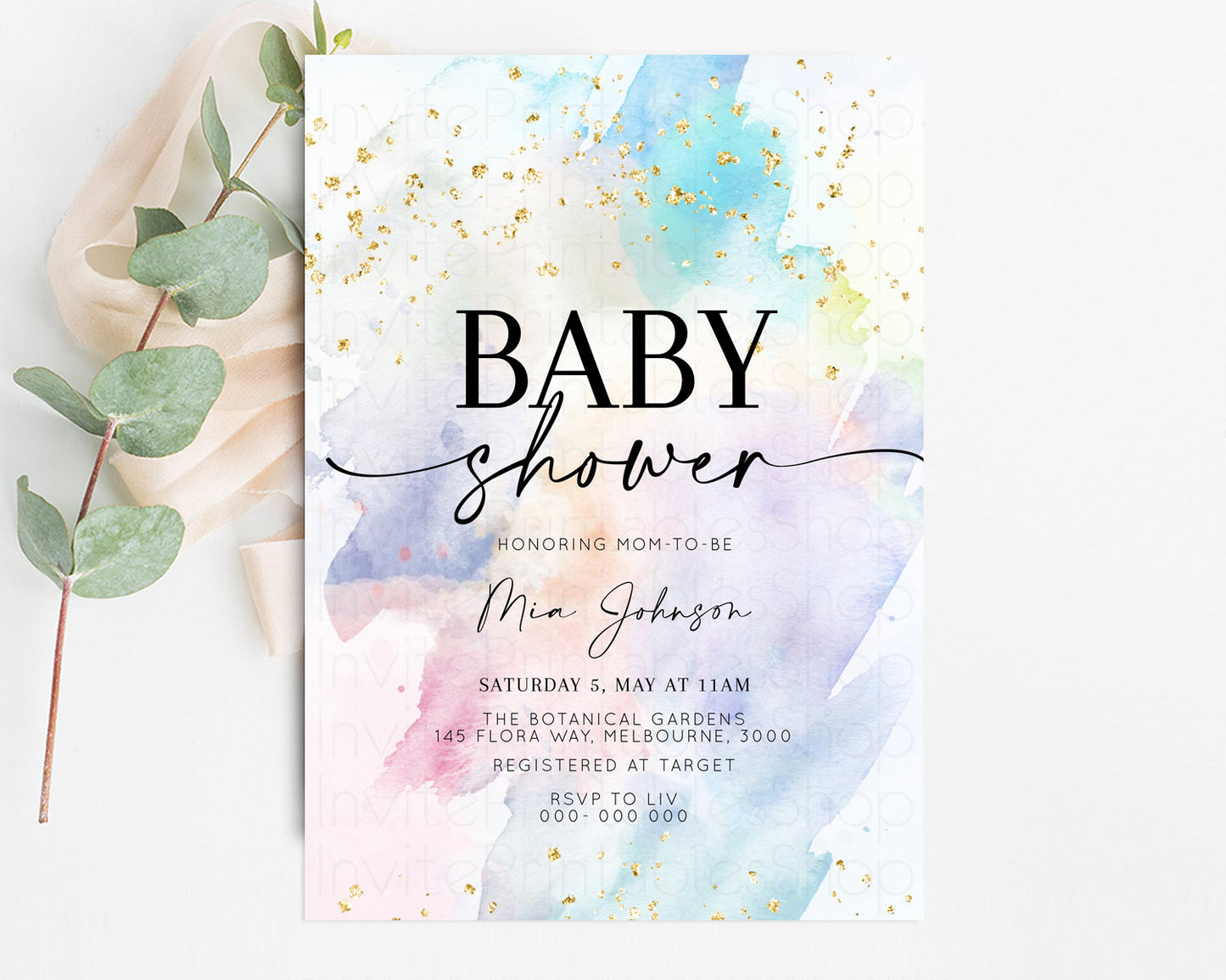 Rainbow Baby Shower Invitation Pastel Baby Sower Invite Colorful Splash Invite Sprinkle Confetti Watercolor Ombre Baby Shower Invite T487