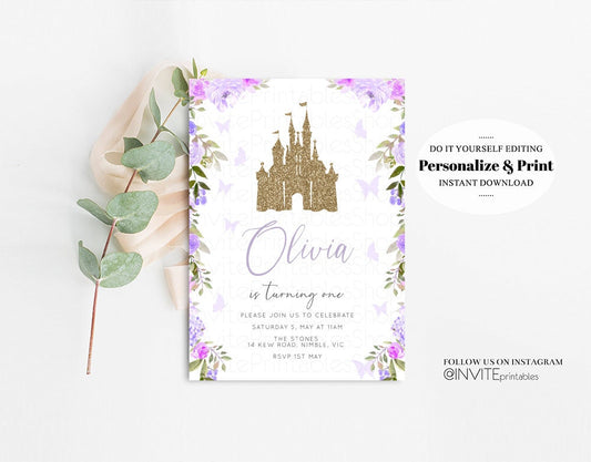 Princess Birthday Invitation Gold Glitter Enchanted Castle Royal Celebration Fairytale Floral Garden Purple Be Our Guest Custom Invite