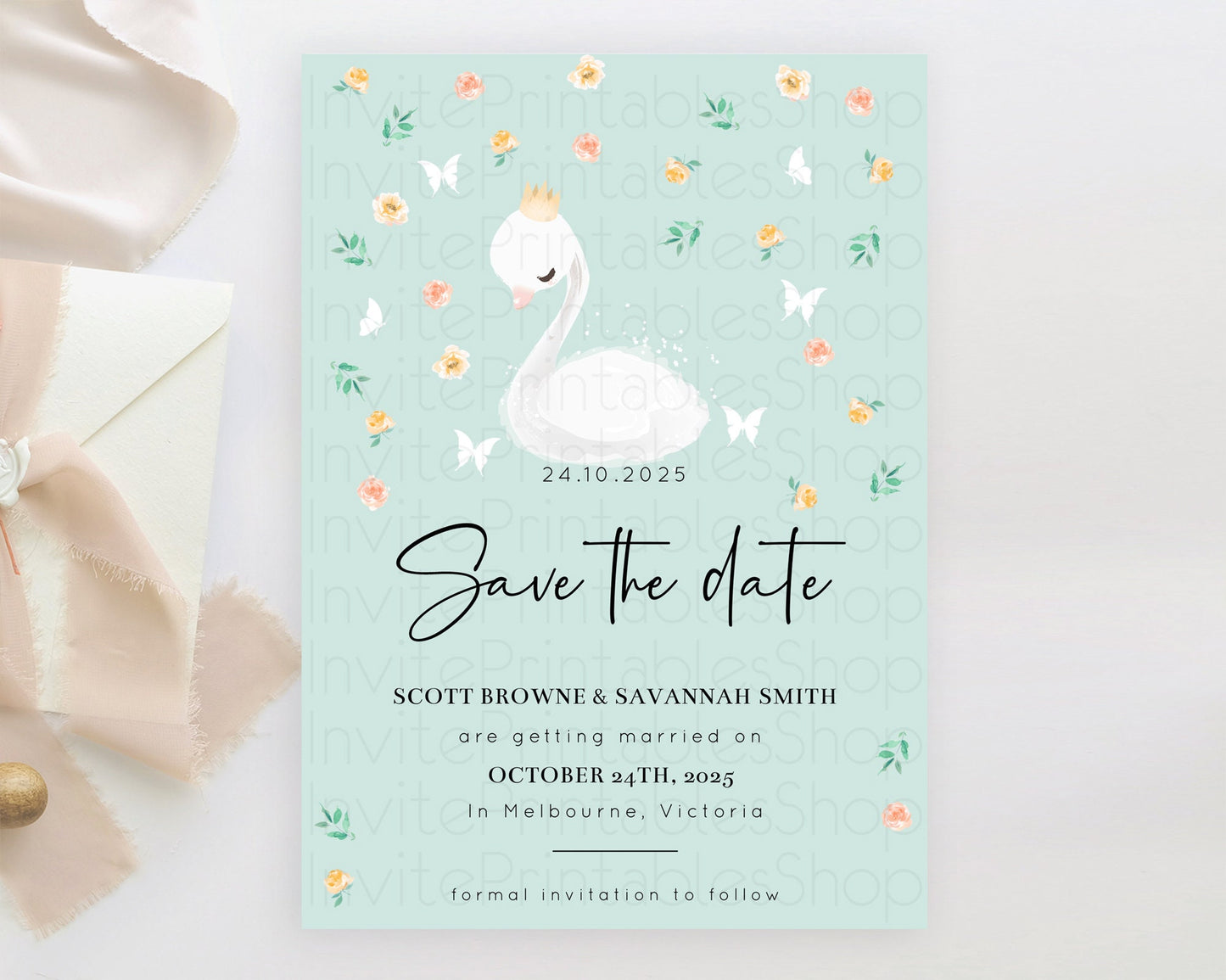 Swan Save The Date Template Swan Princess Ballet Party Enchanted Swan Lake Secret Garden Pastel Floral Birthday Baptism Baby Shower  D10905