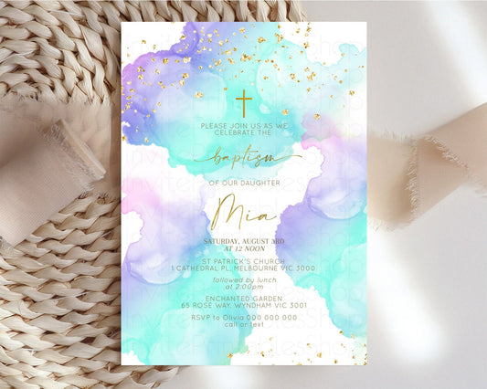 Blue Purple Baptism invitation Pastel Rainbow Christening Invite Ombre Clouds Watercolor Invite Glitter Gold Cross Religious Invite 191