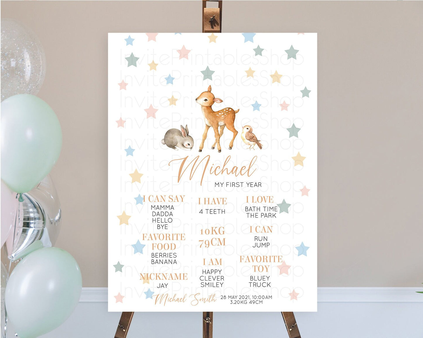 Fawn First Birthday Milestone Board Deer First Birthday Milestone Poster Enchanted Forest Butterfly Pastel Flowers 1st Birthday Sign D10918