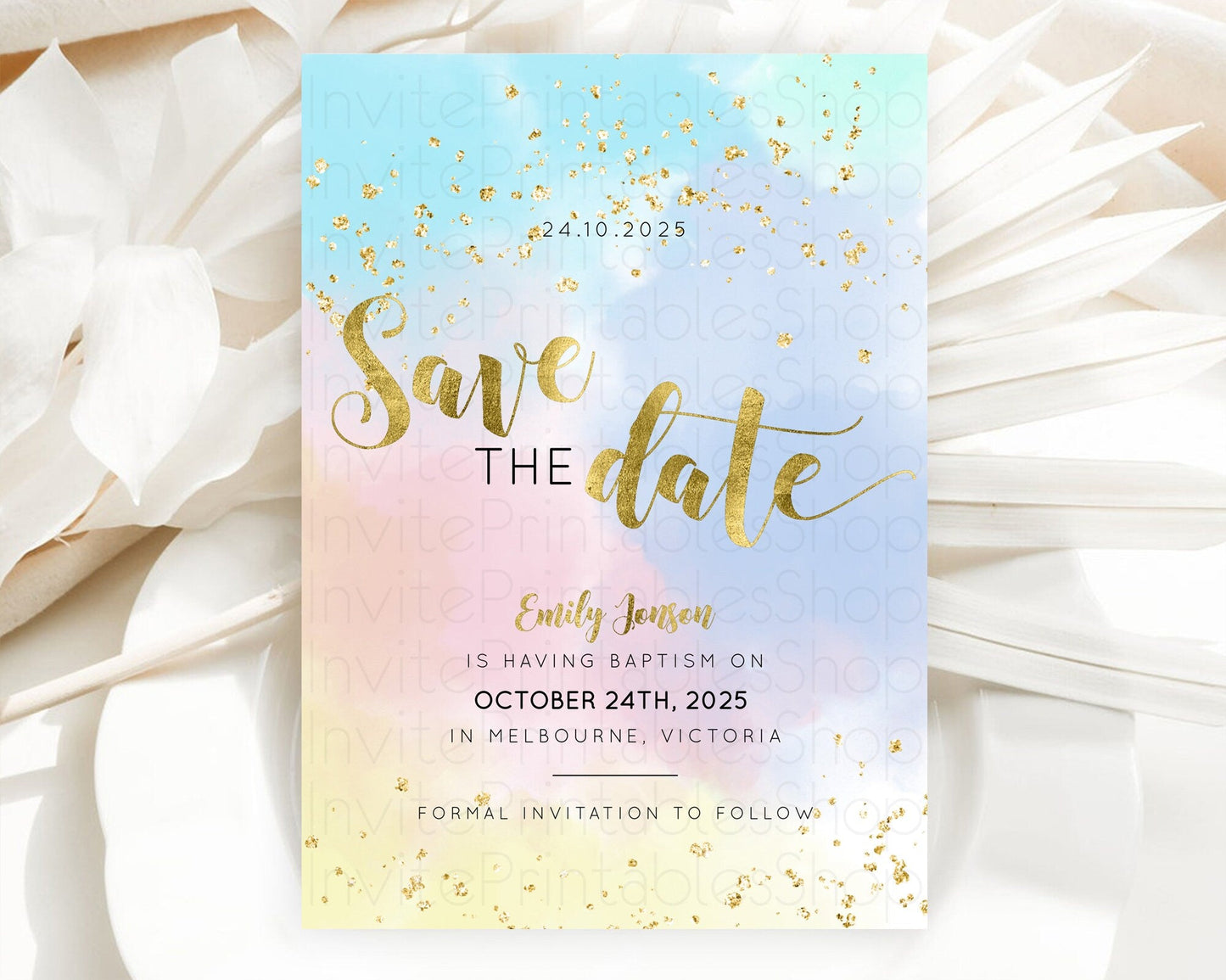 Pastel Save The Date Template Pastel Ombre Rainbow Watercolor Colorful Party For Birthday Baptism Baby Shower Wedding Bridal Shower D10892
