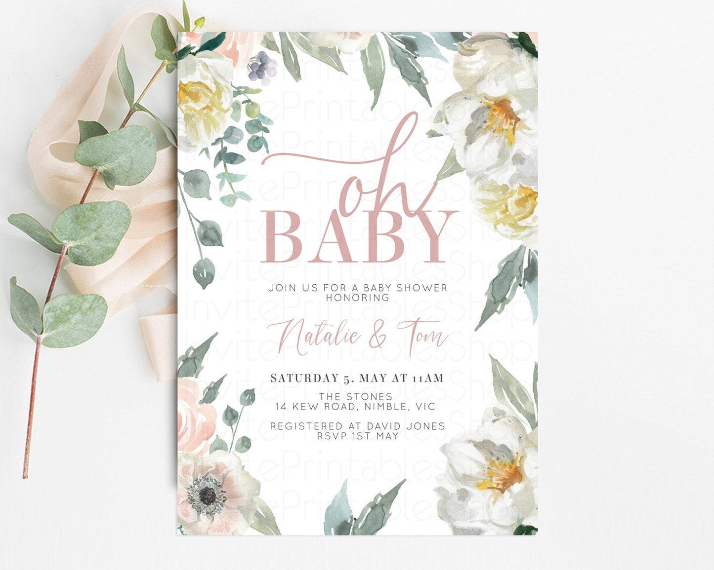 White Florals Baby Shower Invitation Secret Garden Whimsical Enchanted Fairytale Forest Wreath Watercolor Spring Flowers Invite W108