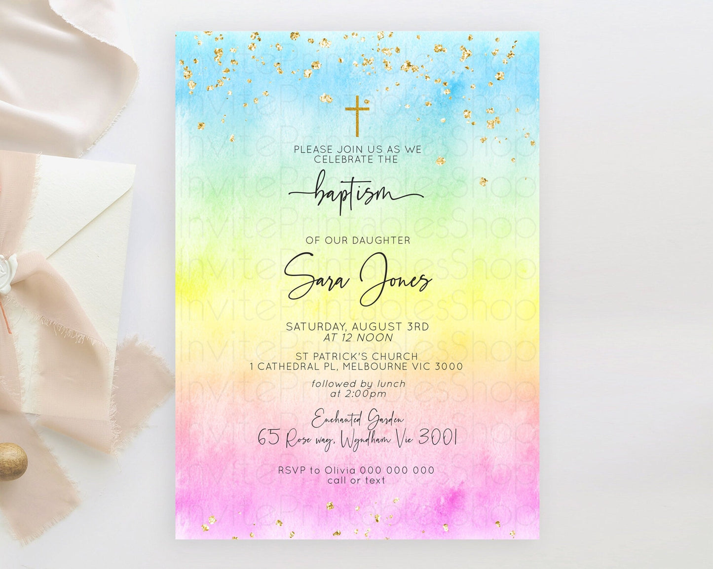 Pastel Baptism Invitation Pastel Colors Watercolor Baptism 1st Birthday Party Gold Ombre Pastel Rainbow Christening Holy Communion D10480