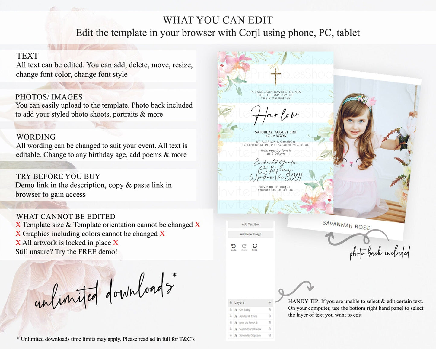 Secret Garden Baptism Invitation Wildflower Baptism Birthday Invite Pastel Flowers Christening Invite Enchanted Garden Boho Floral D10304