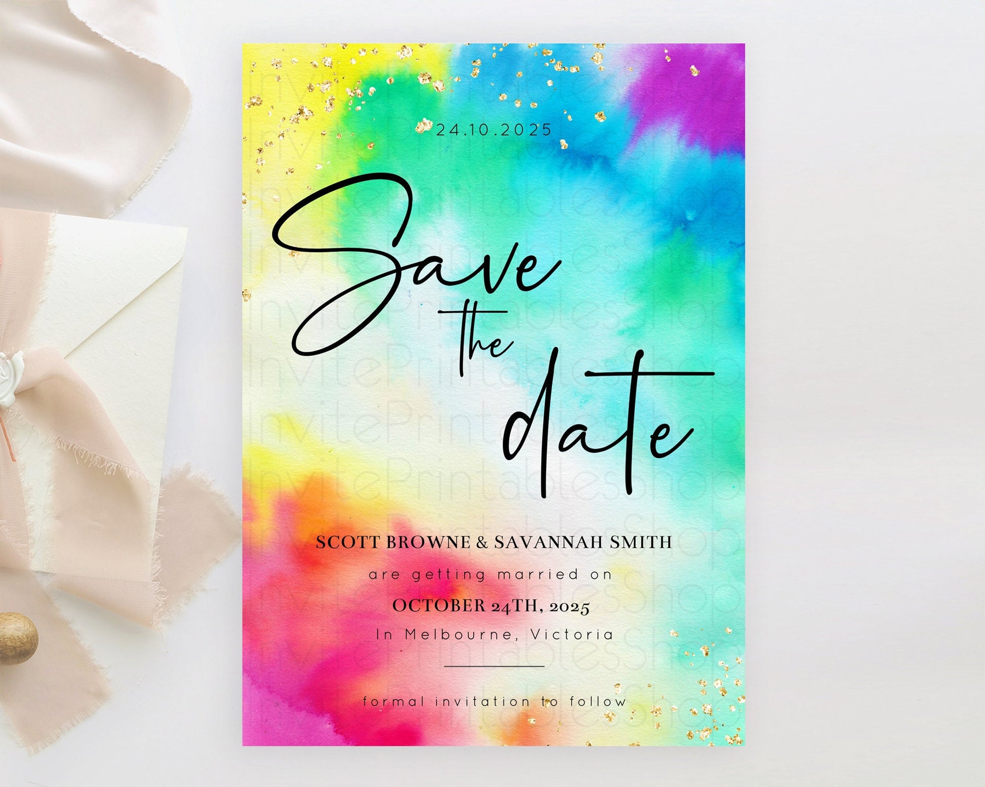 Editable Tie Dye Save The Date Template Rainbow Pastel Ombre Watercolor Part