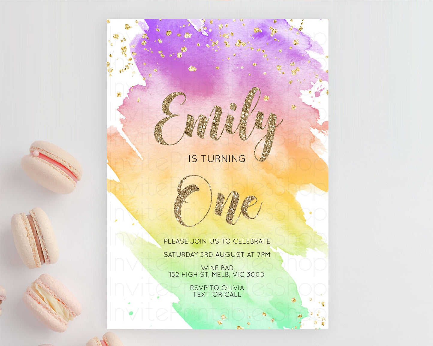 Rainbow Birthday Invitation Colorful Pastel Watercolor Invitation Gold Glitter Sprinkles Ombre Pastel 1st 2nd 3rd Birthday D10517