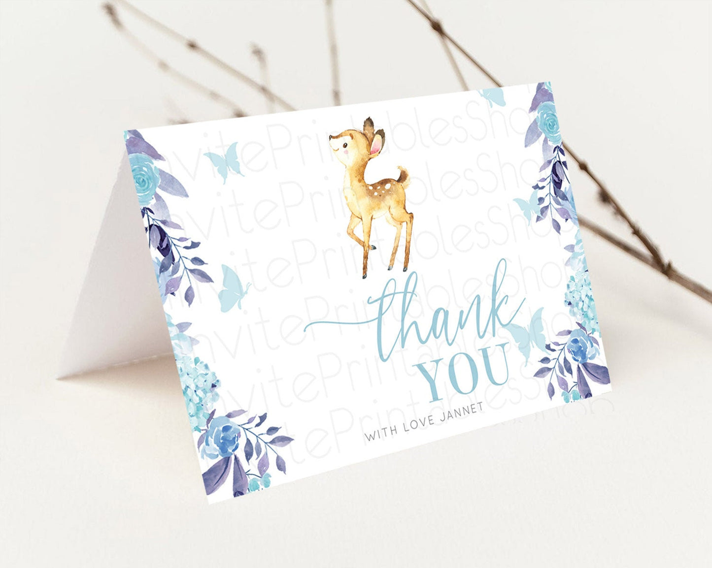 Fawn Thank You Deer Thank You Card Pastel Floral Deer Birthday Thank You Card Enchanted Forest Butterfly Deer Teacher Thank You Card D10917