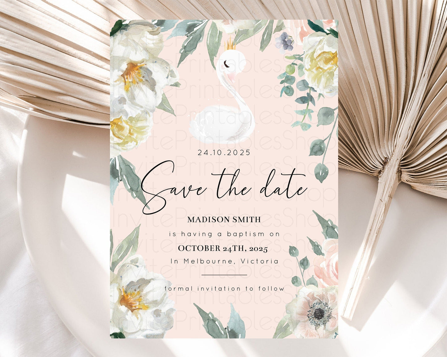 Swan Save The Date Template Swan Princess Ballet Party Enchanted Swan Lake Secret Garden Pastel Floral Birthday Baptism Baby Shower D10755