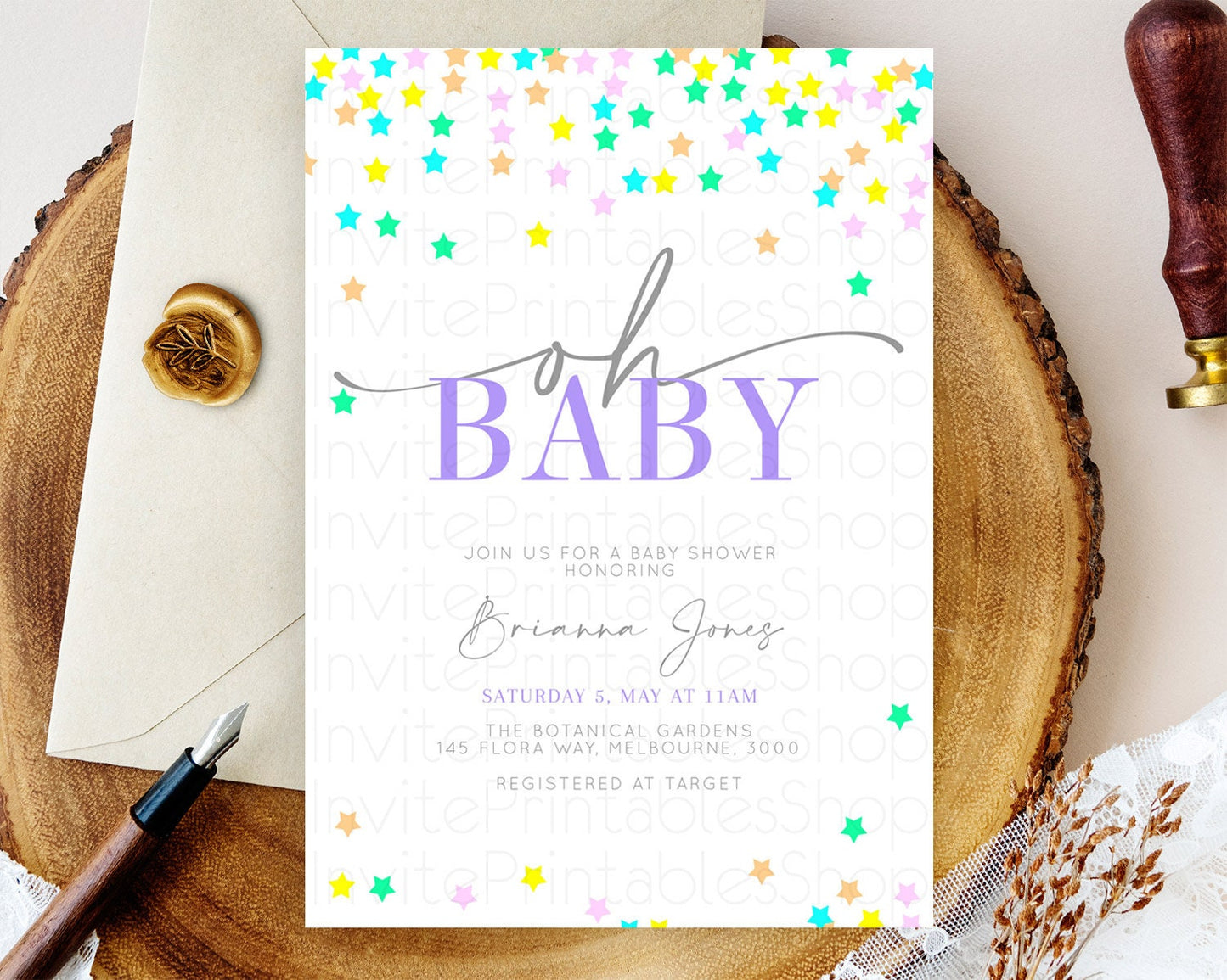 Twinkle Star Baby Shower Invitation Pastel Twinkle Star Invitation Rainbow Pastel Colorful Confetti Twinkle Little Star Baby Shower D10395