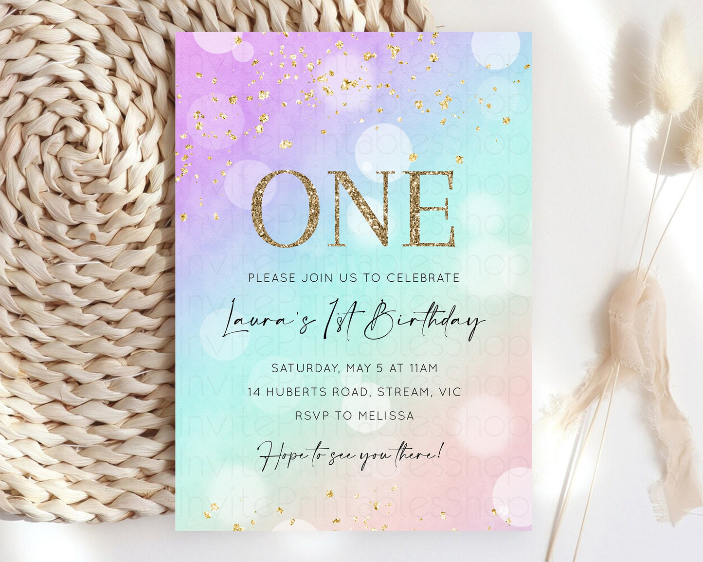 Rainbow Birthday Invitation Pastel Birthday Invite Ombre Watercolor Invite Enchanted Theme Colorful Splash Glitter Sprinkles 1st 2nd 3rd