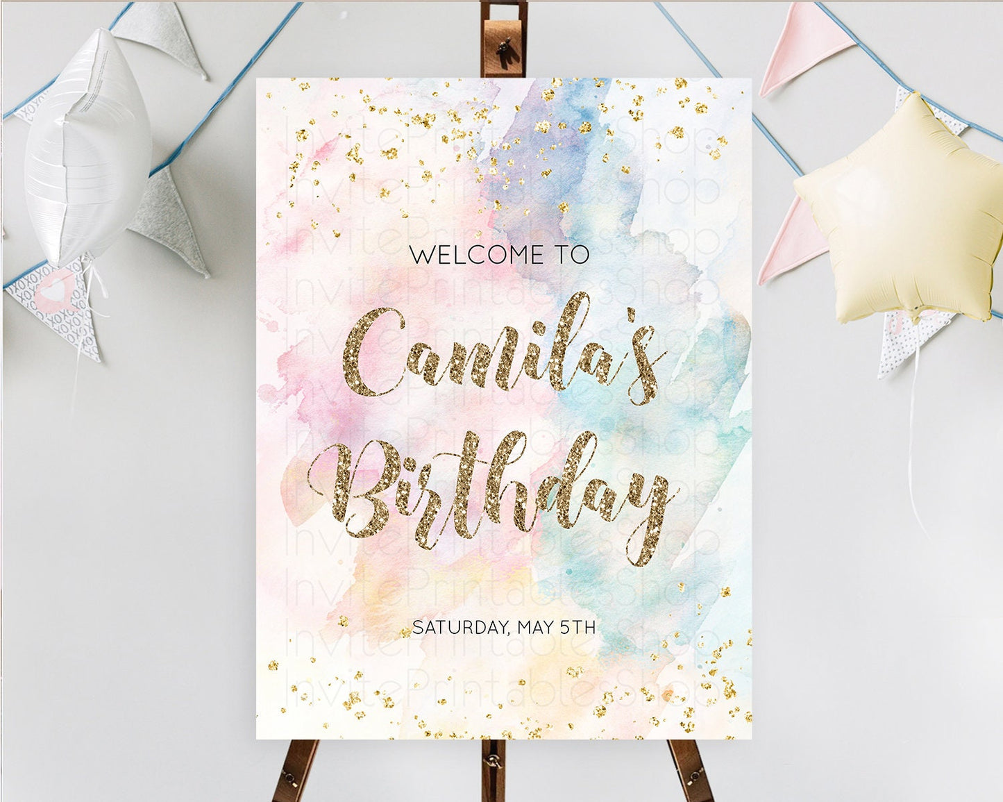 Pastel Welcome Sign Pastel Rainbow Welcome Sign Colorful Rainbow Confetti Watercolor Glitter Pastel First Birthday Welcome Sign D10264