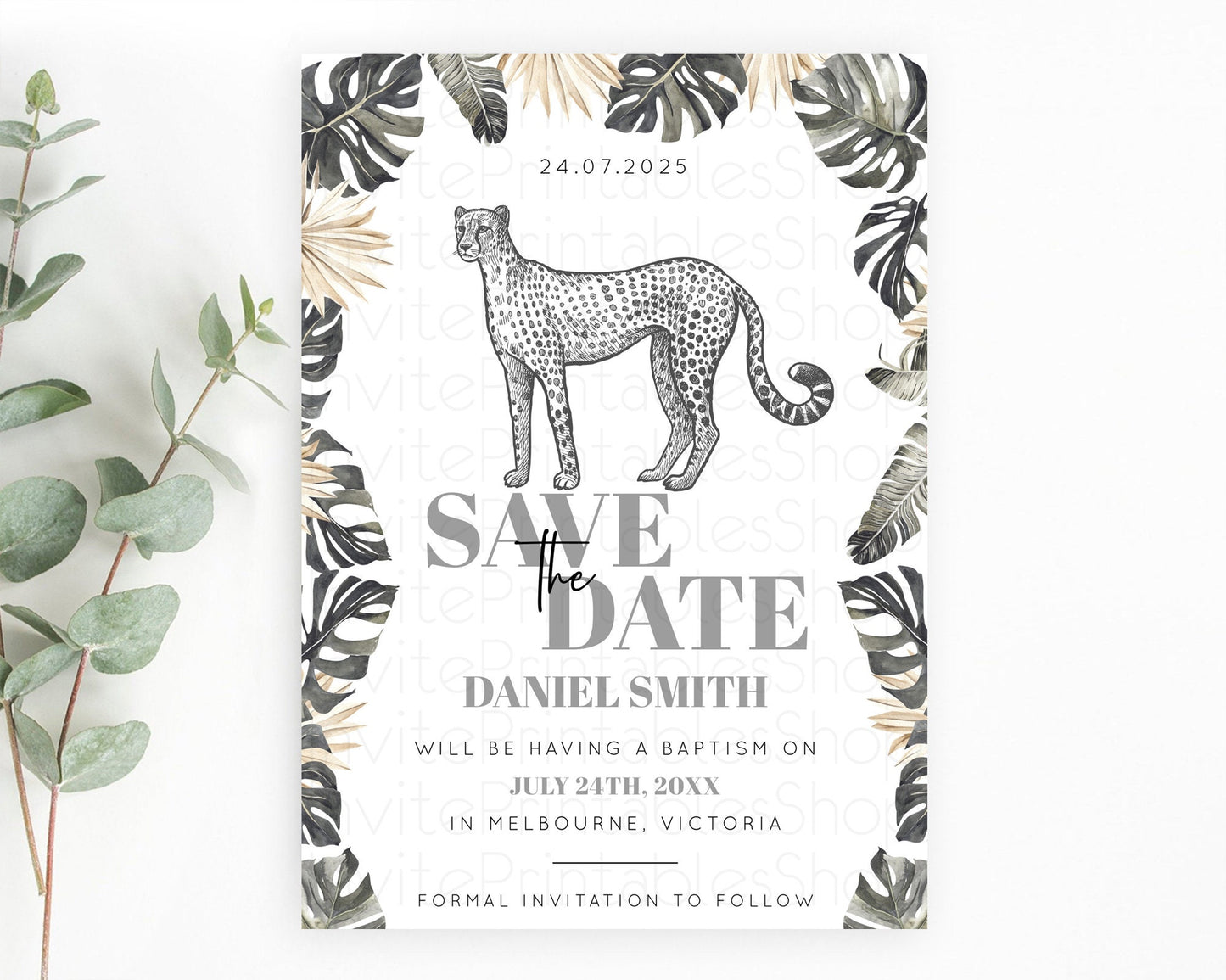 Cheetah Save The Date Template Cheetah Party Save The Date Safari Adventure Cheetah Minimal Theme 1st Birthday Baptism Baby Shower D10823