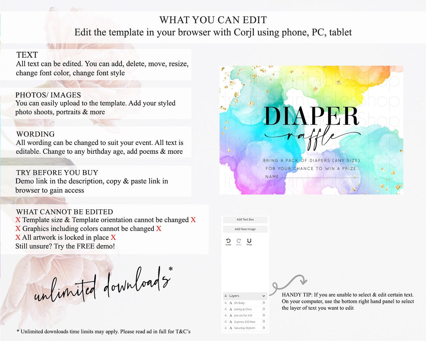 Pastel Diaper Raffle Card Pastel Rainbow Diaper Raffle Insert Colorful Ombre Watercolor Diaper Ticket Confetti Glitter Raffle Game D10213