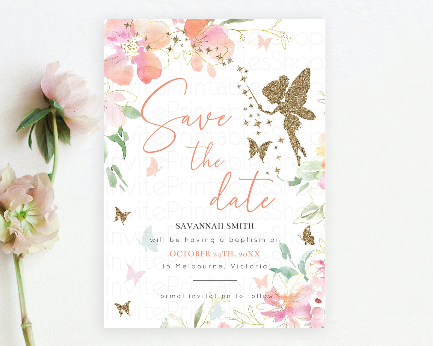 Fairy Save The Date Template Enchanted Garden Pastel Floral Butterfly Party Secret Garden Birthday Baptism Baby Shower Bridal Shower D10934