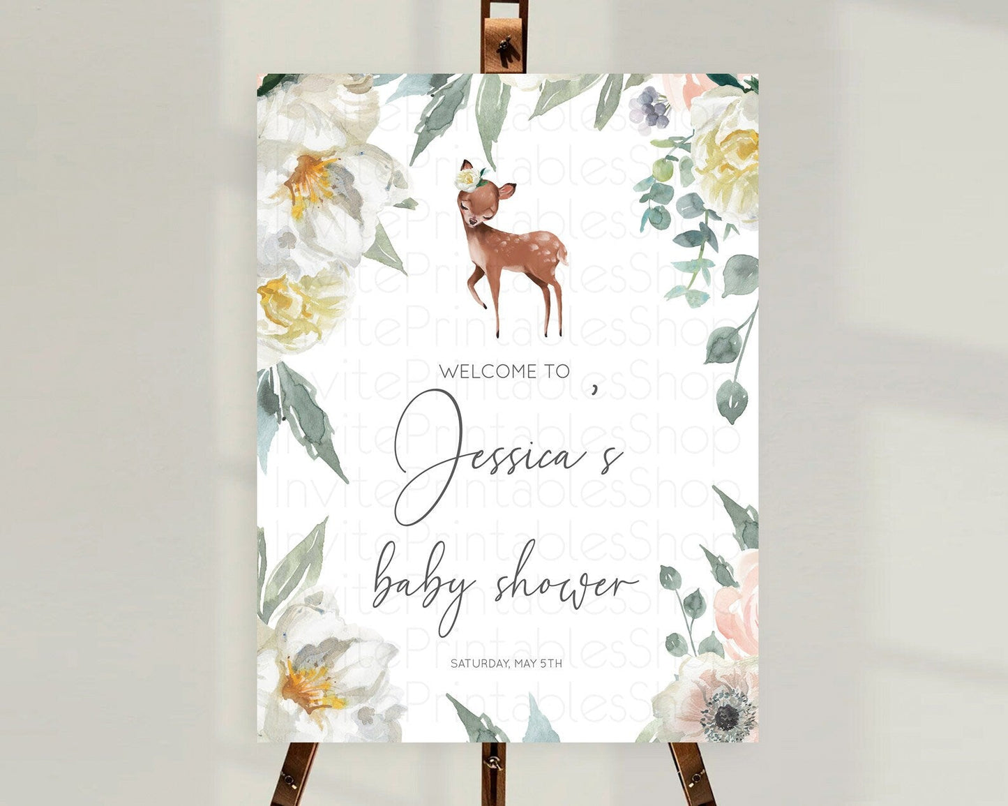 Fawn Baby Shower Welcome Sign Deer Welcome Board Floral Deer Welcome Poster Enchanted Forest Butterfly Pastel Floral Welcome Sign D11030