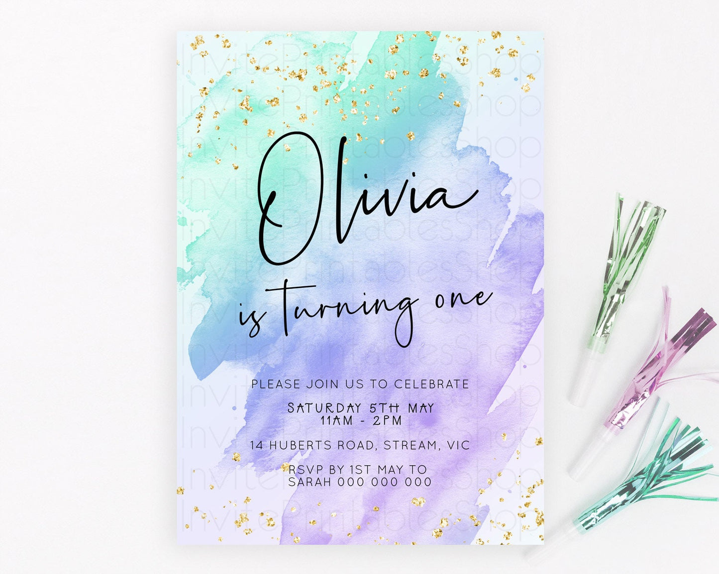 Pastel Birthday Invitation Ombre Watercolor Birthday Invitation Glitter Rainbow Color Splash 1st 2nd 3rd Birthday Invitation D23057