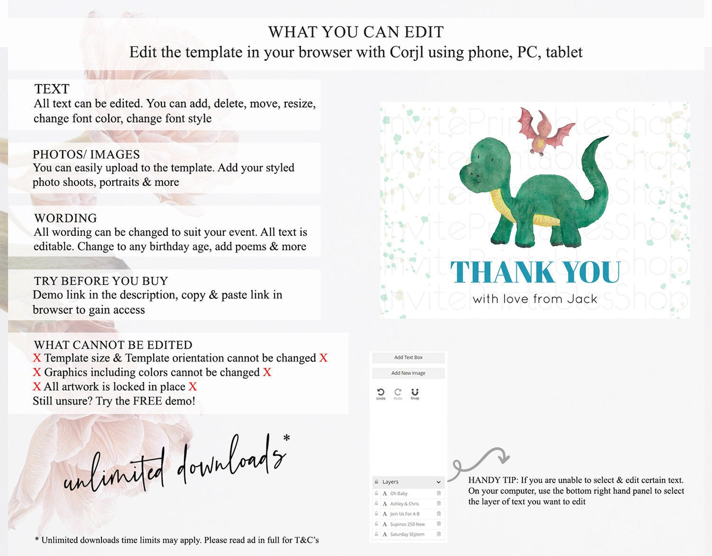 Dinosaur Thank You Dinosaur Volcano Thank You Card Dinosaur Birthday Card Watercolor Volcano T-Rex Raptor Jurassic Teacher Thank You D10153