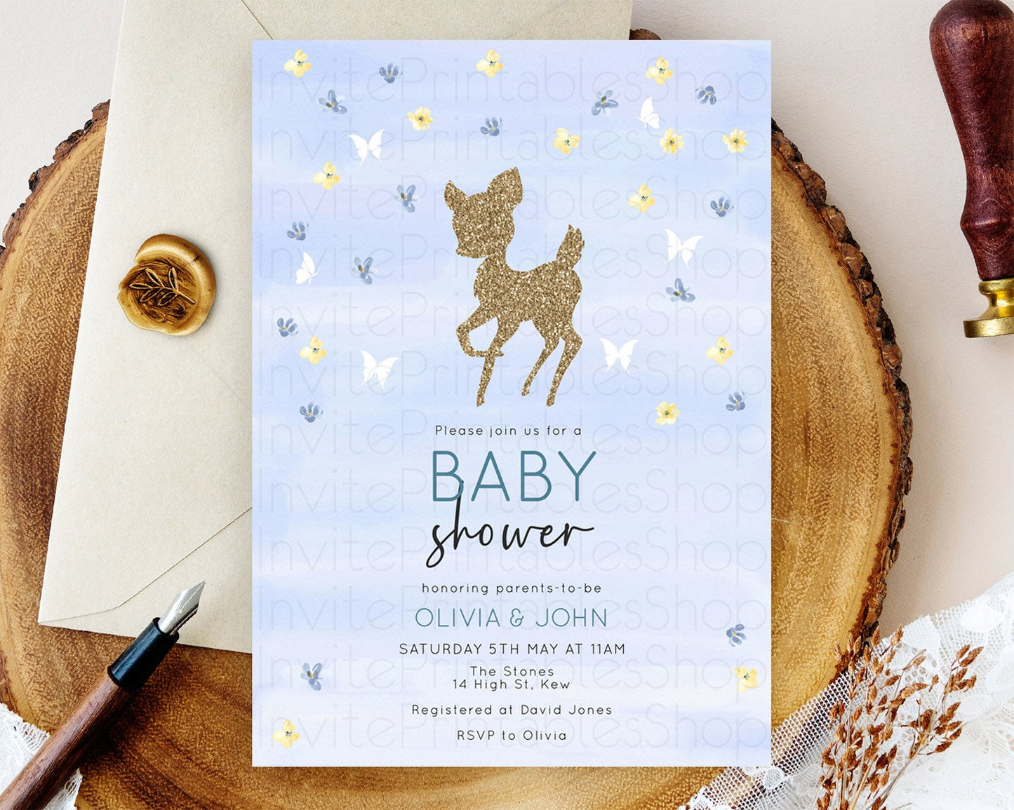 Fawn Baby Shower Invitation Deer Baby Shower Invites Enchanted Forest Theme Butterfly Pastel Flowers Whimsical Baby Shower D10863